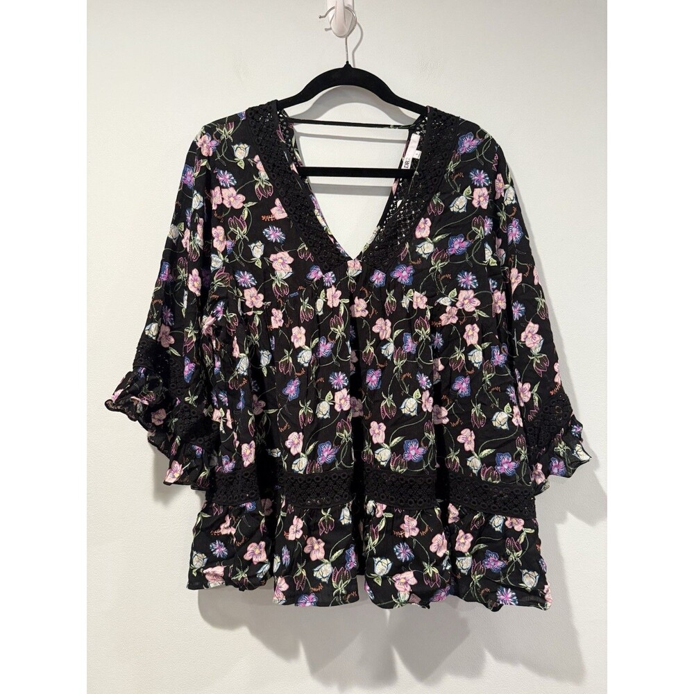 NEW DR2 Blouse Women Small Floral Boho 3/4 Sleeve Bloom Dark Romantic Whimsigoth